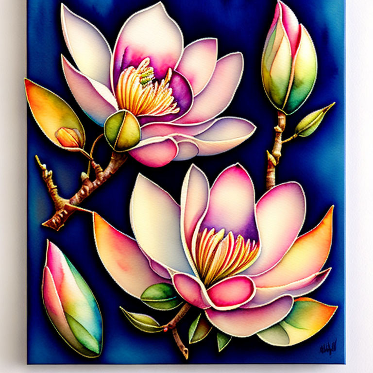 Colorful Lotus Flowers Painting on Blue Gradient Background