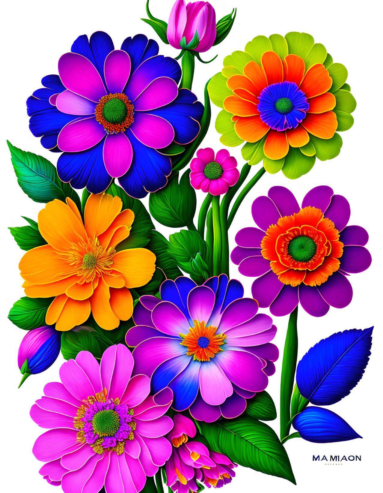 Colorful Flower Illustration with Blue, Purple, Orange, and Pink Petals