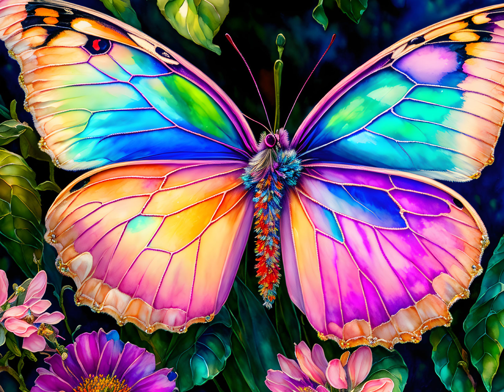 Colorful Butterfly Artwork with Iridescent Wings on Flowers