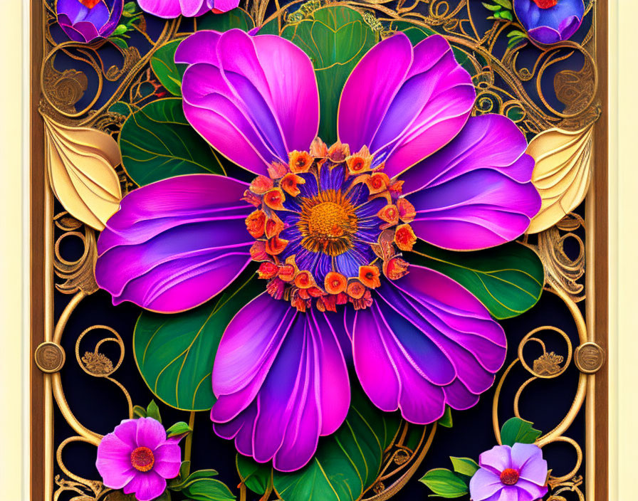 Detailed purple flower in golden Art Nouveau frame on blue background