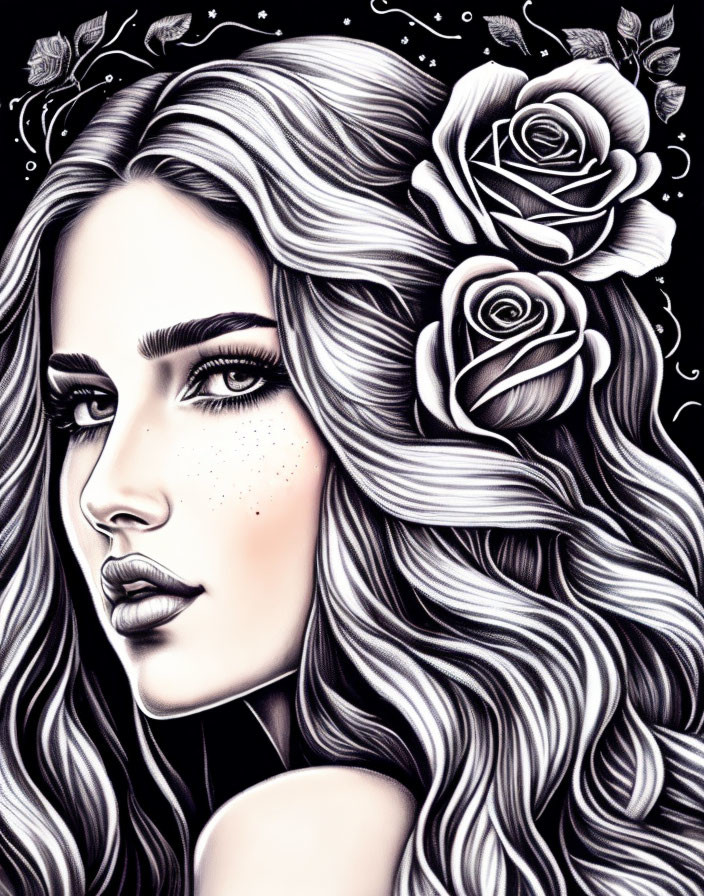 Detailed monochromatic illustration of a woman with wavy hair and roses