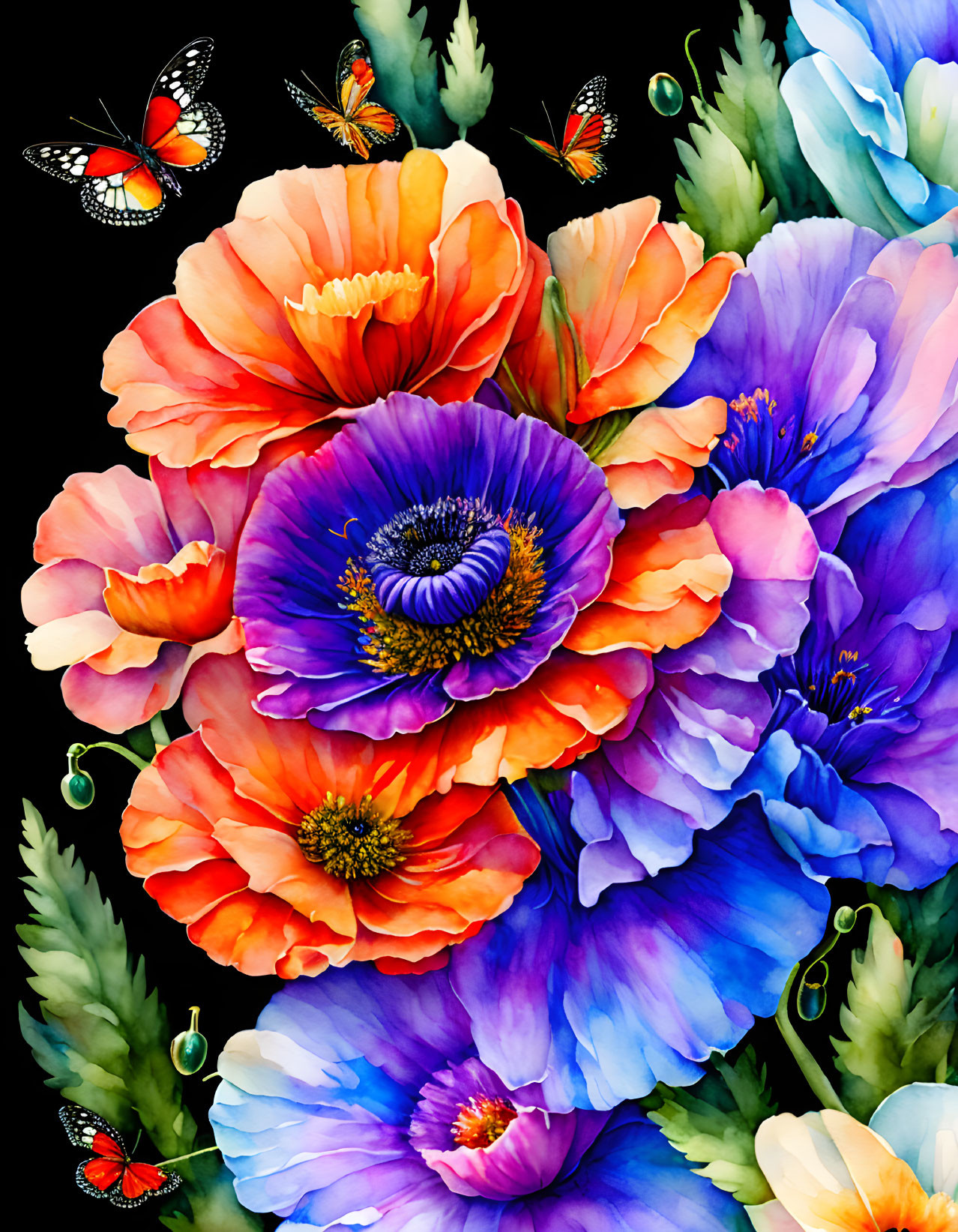 Colorful poppies, anemones, and butterflies on dark background