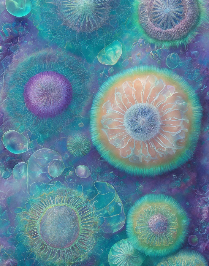 Ethereal underwater jellyfish in purple, blue, and orange against textured background