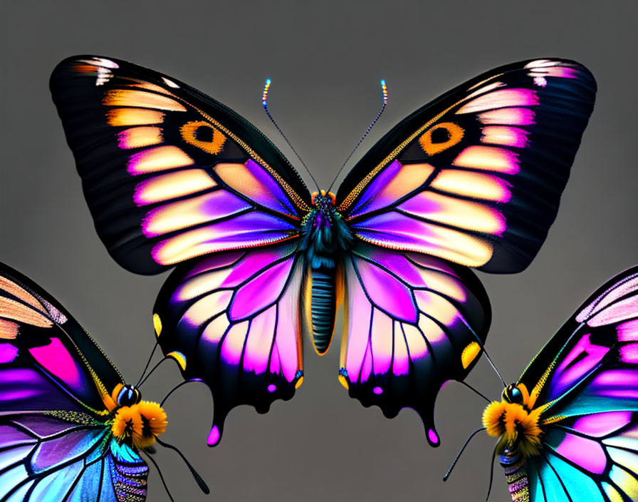 Colorful Butterflies with Intricate Wing Patterns on Gray Background