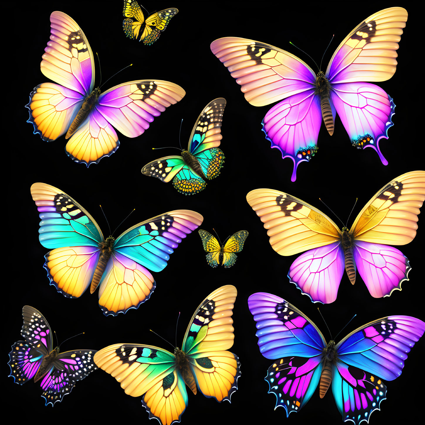 Colorful Illustrated Butterflies in Yellow, Blue, and Pink on Black Background