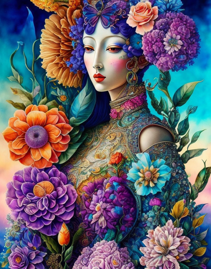 Vibrant illustration of a woman with floral headdress and intricate patterns