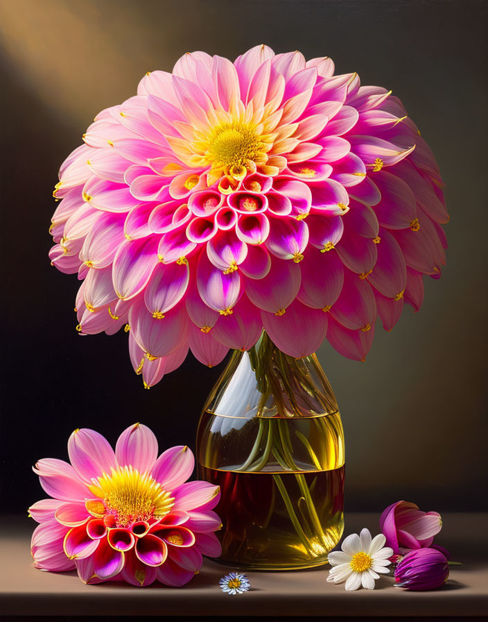 Pink dahlia in clear vase with smaller blooms on dark background