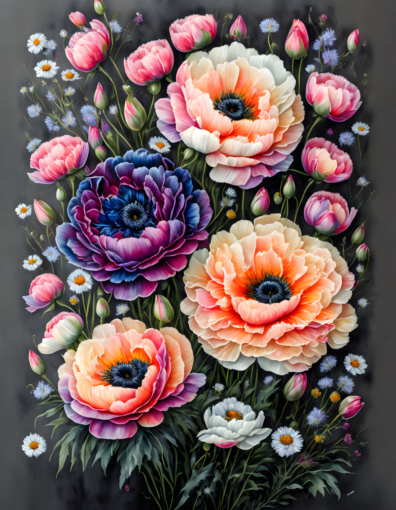 Colorful Anemones, Tulips, and Daisies on Dark Background