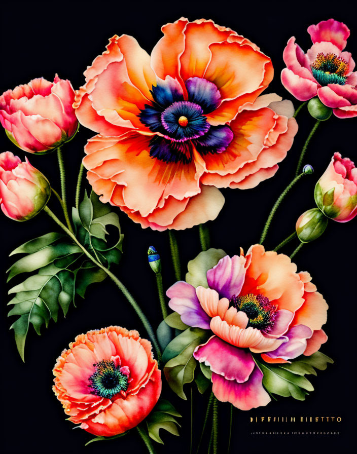 Colorful Poppy Flowers Illustration on Black Background