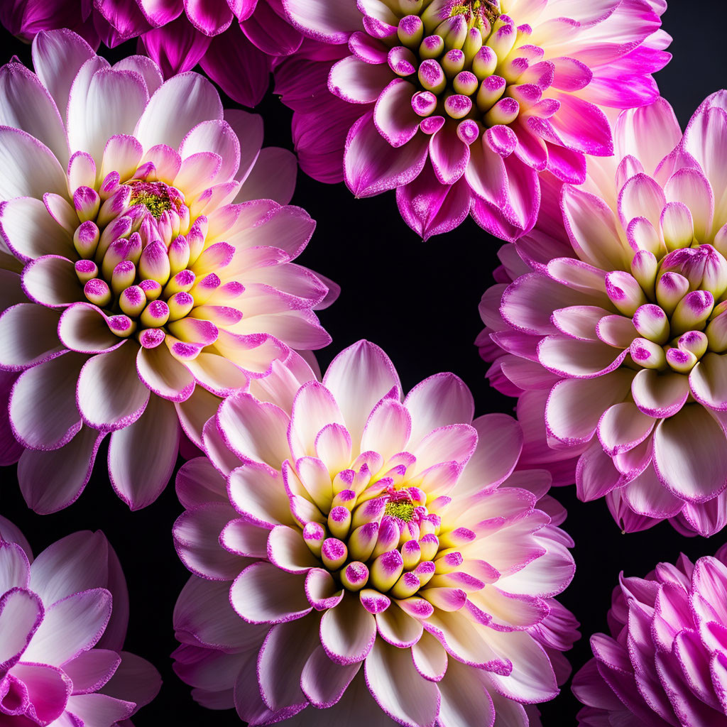 Close-Up of Vibrant Pink and White Dahlia Flowers on Dark Background