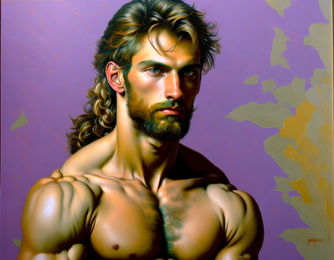 Muscular man with stern gaze and beard in digital painting