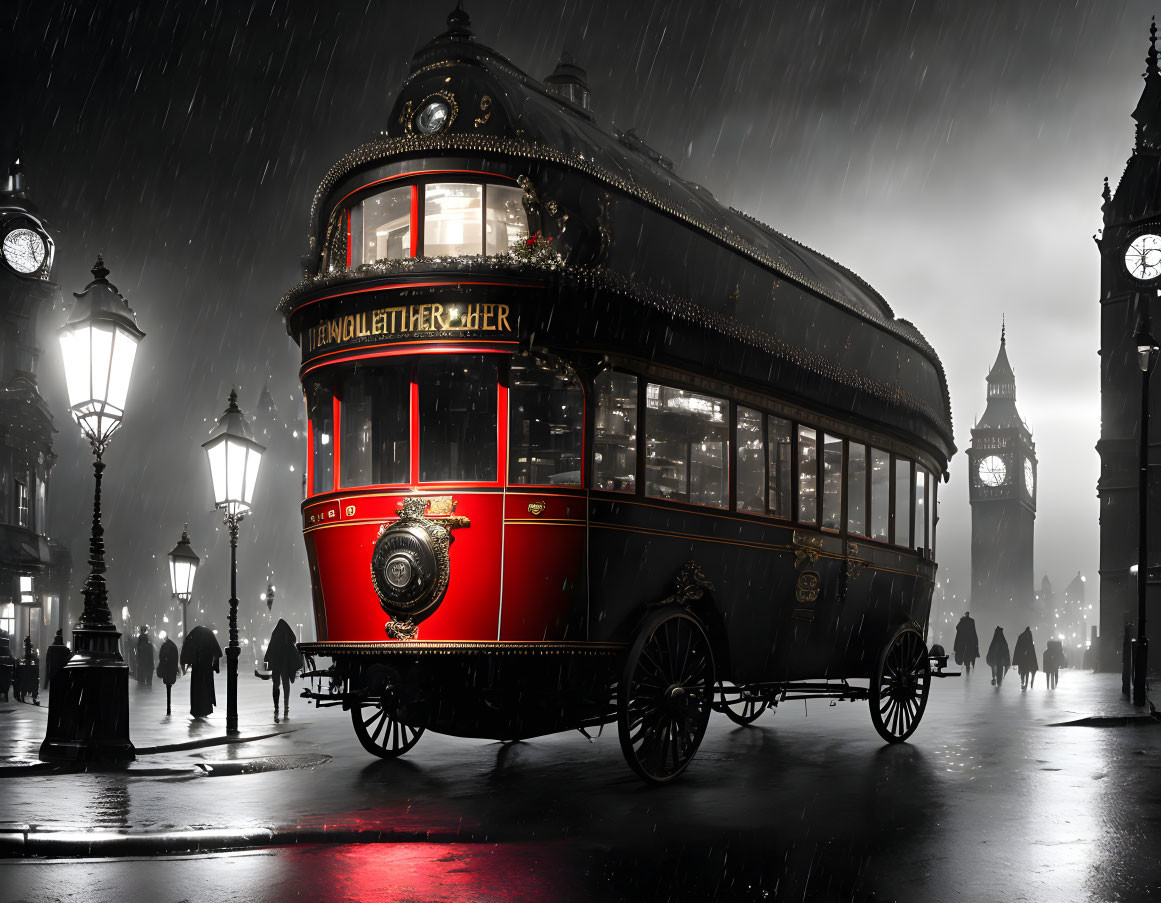 Vintage Tram on Rainy Night with Clock Tower Silhouette