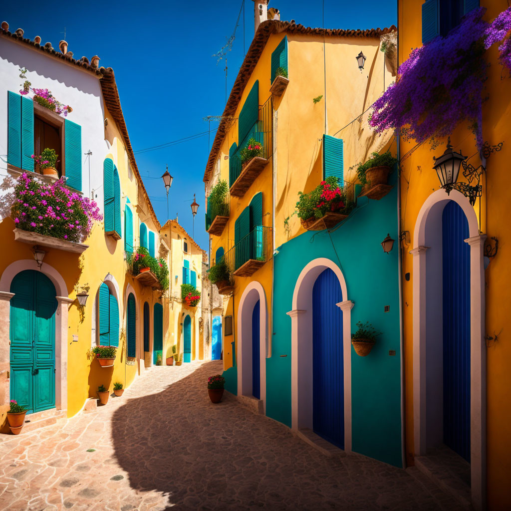 Vibrant yellow and blue houses on cobblestone alley with colorful flowers