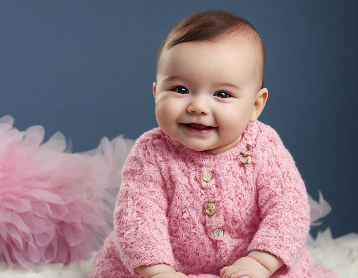 Smiling baby with dark hair in pink sweater on blue backdrop with pink fluffy item