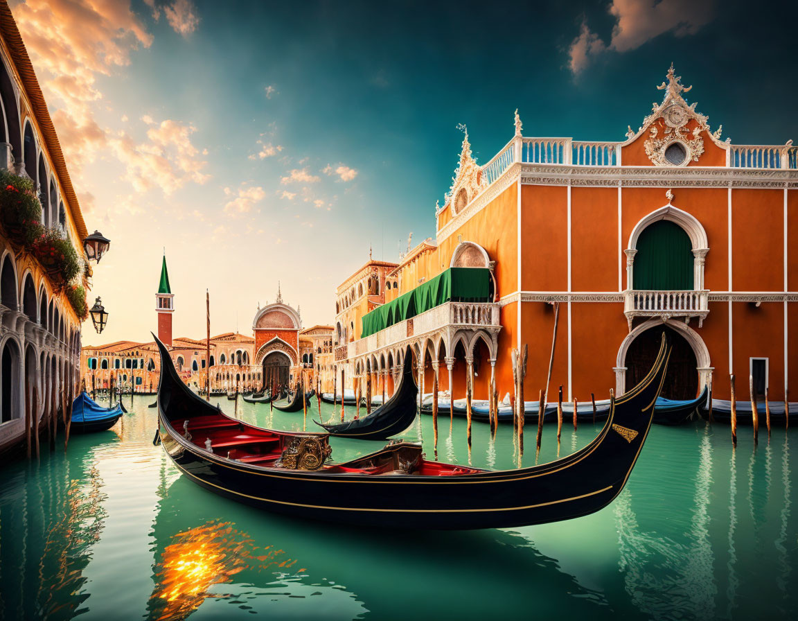 Colorful Venetian Canal with Gondolas and Dramatic Sky