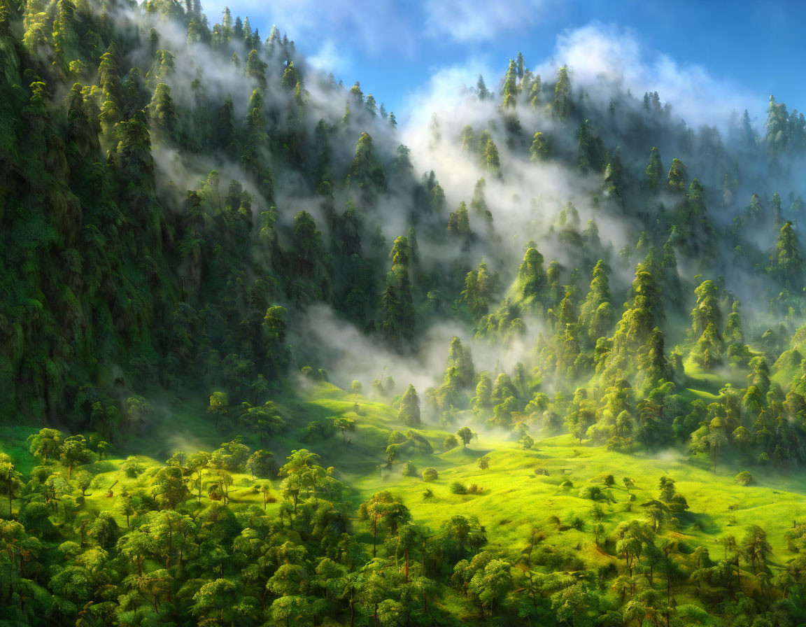 Misty green hills and dense forest under blue sky