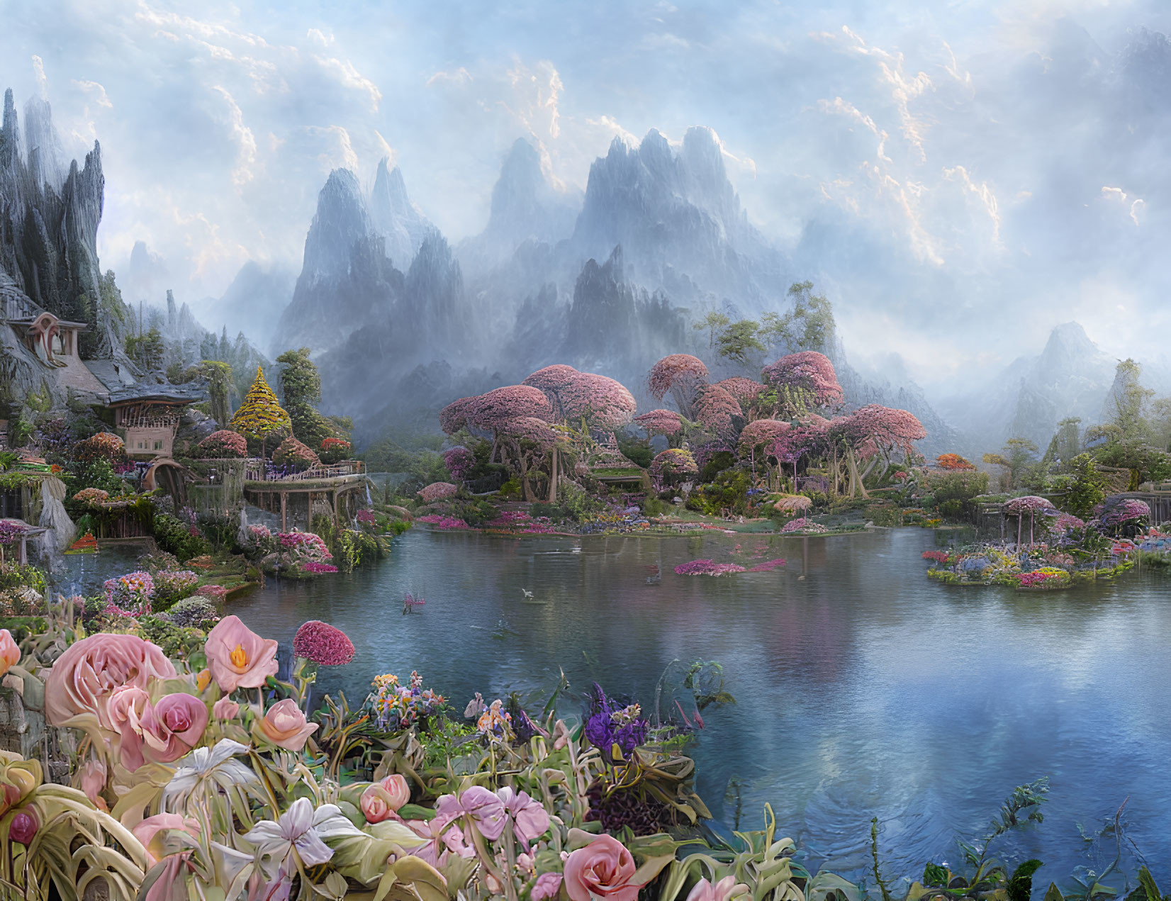 Tranquil fantasy landscape with pink trees, serene lake, mountains, and lush florals