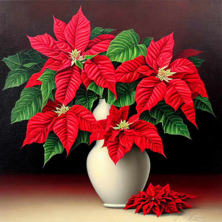 Vibrant painting of red poinsettias in a white vase on dark background