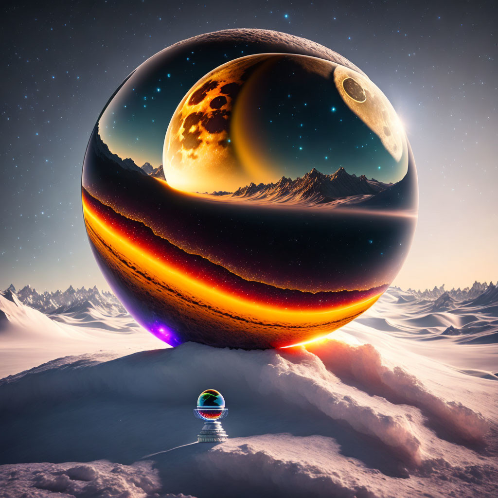 Surreal cosmic landscape with giant glossy sphere on snowy mountain