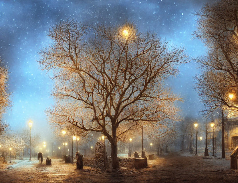 Snow-covered winter park with bare tree, street lamps, benches, and starry sky