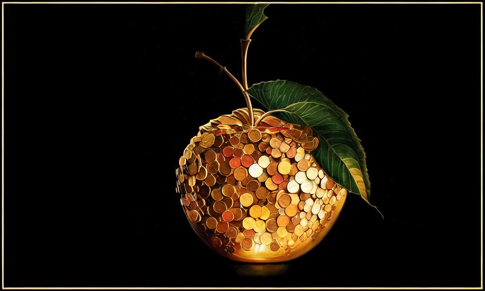 Golden apple made of coins on black background - luxurious and rich aesthetic