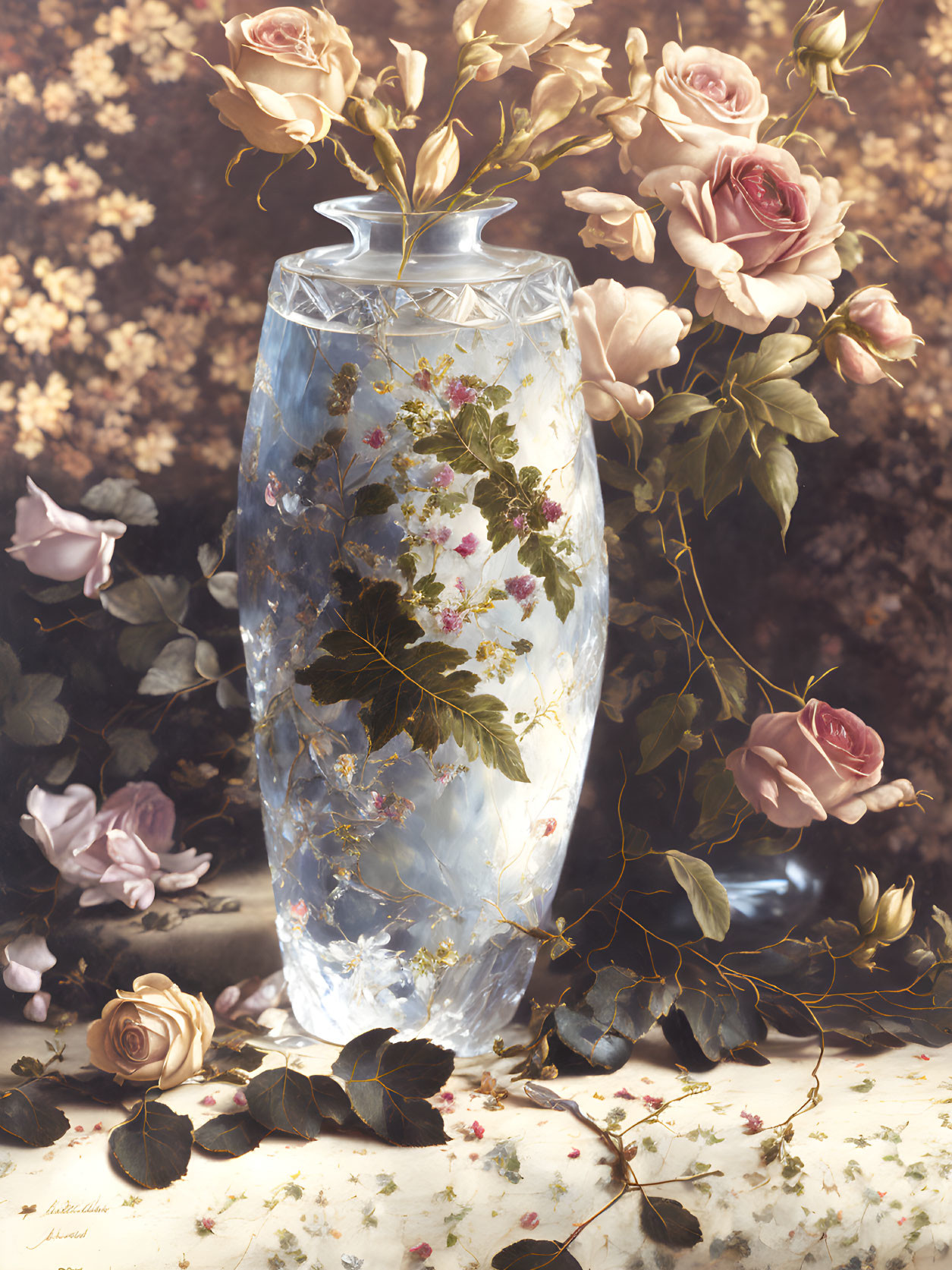 Vintage-style painting of ornate glass vase with floral designs and pink roses on patterned surface