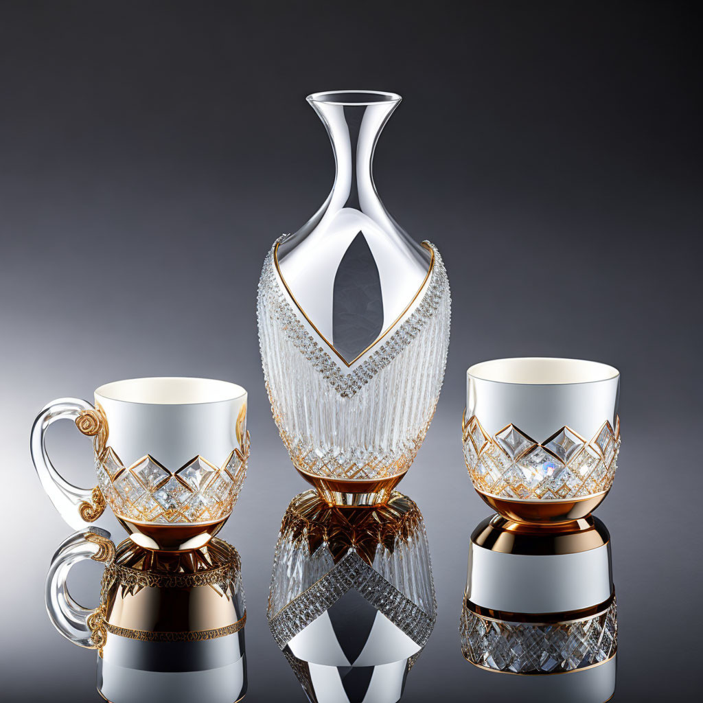 Clear Crystal Vase and Ornate Cups with Gold Accents