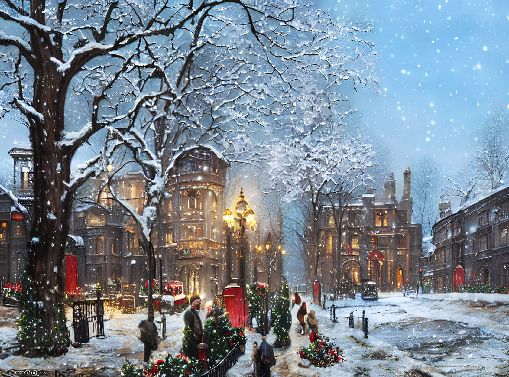 Snow-covered streets and Victorian buildings in winter scene.