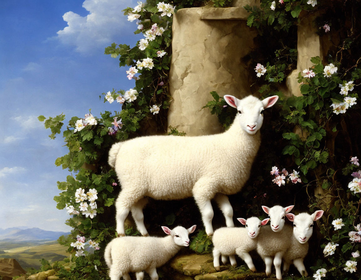 Smiling ewe with three lambs in pastoral scene