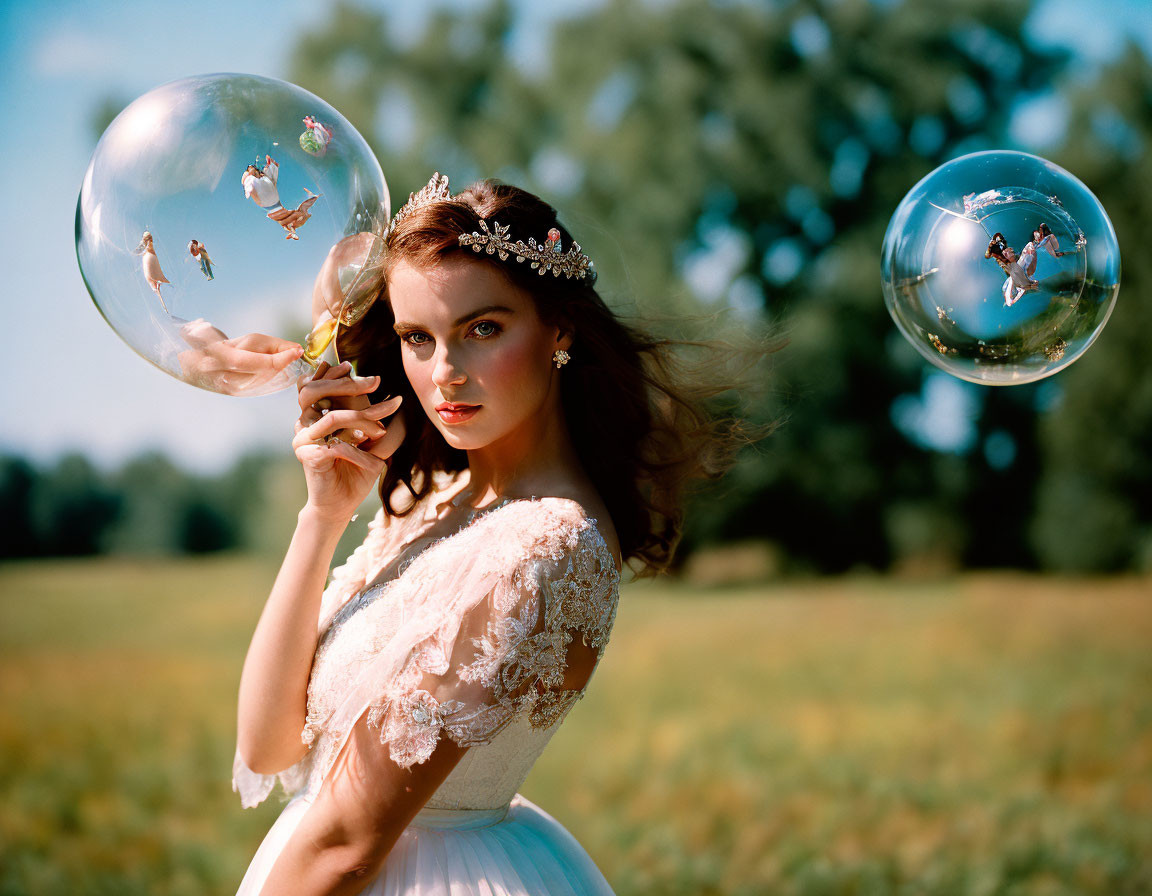 Bridal woman with bubbles and dancing couple reflection in green field