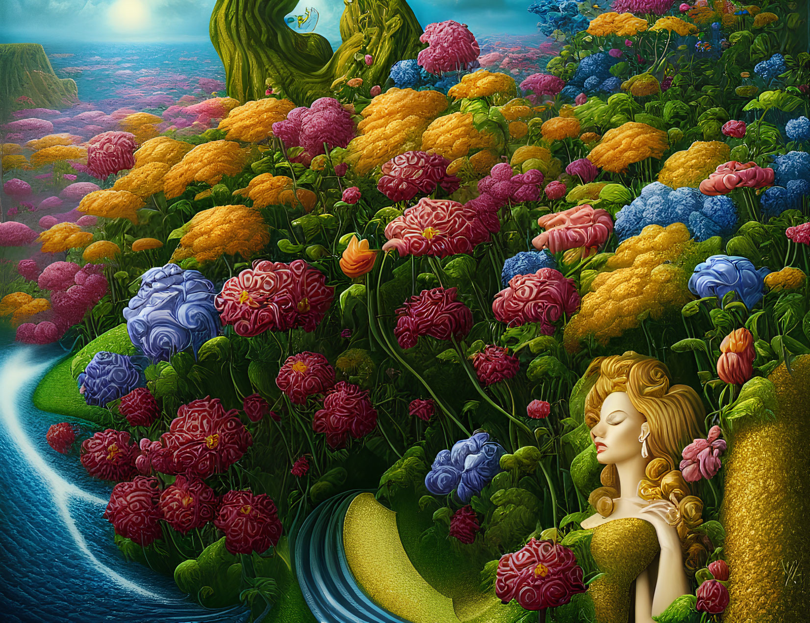 Colorful painting of woman with floral hair in fantasy garden