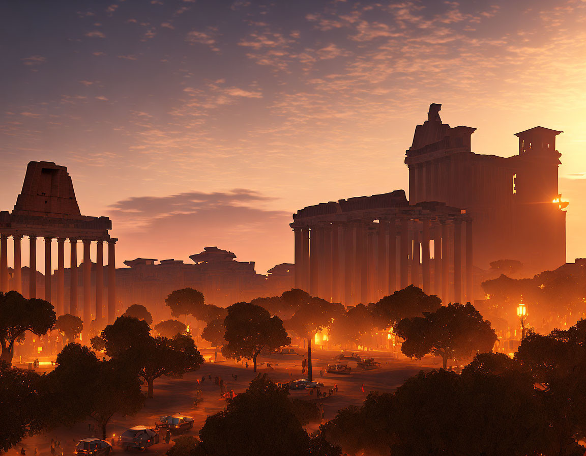 Ancient Roman ruins at sunset with visitors and vehicles in plaza