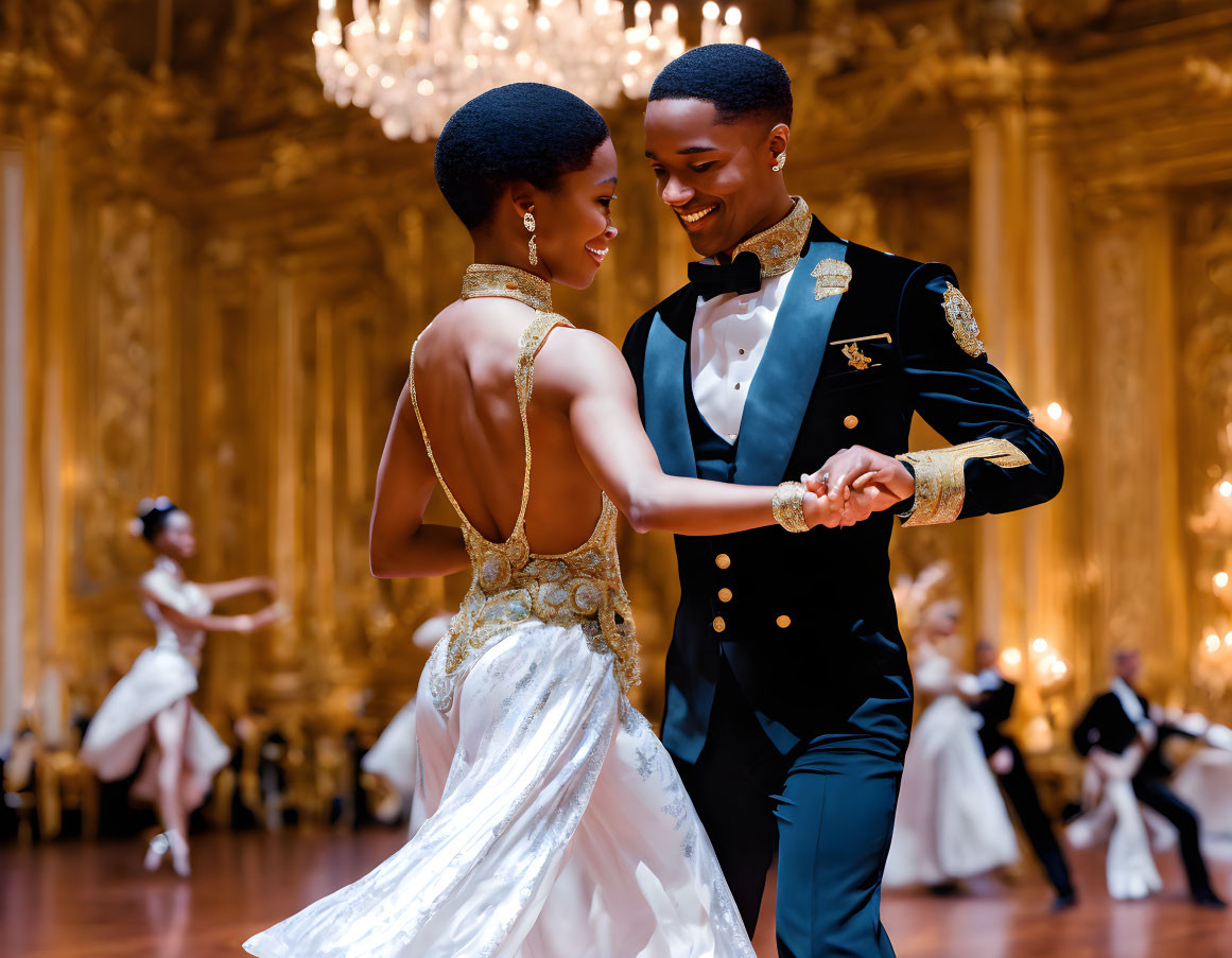 Couple in elegant attire ballroom dancing under chandeliers