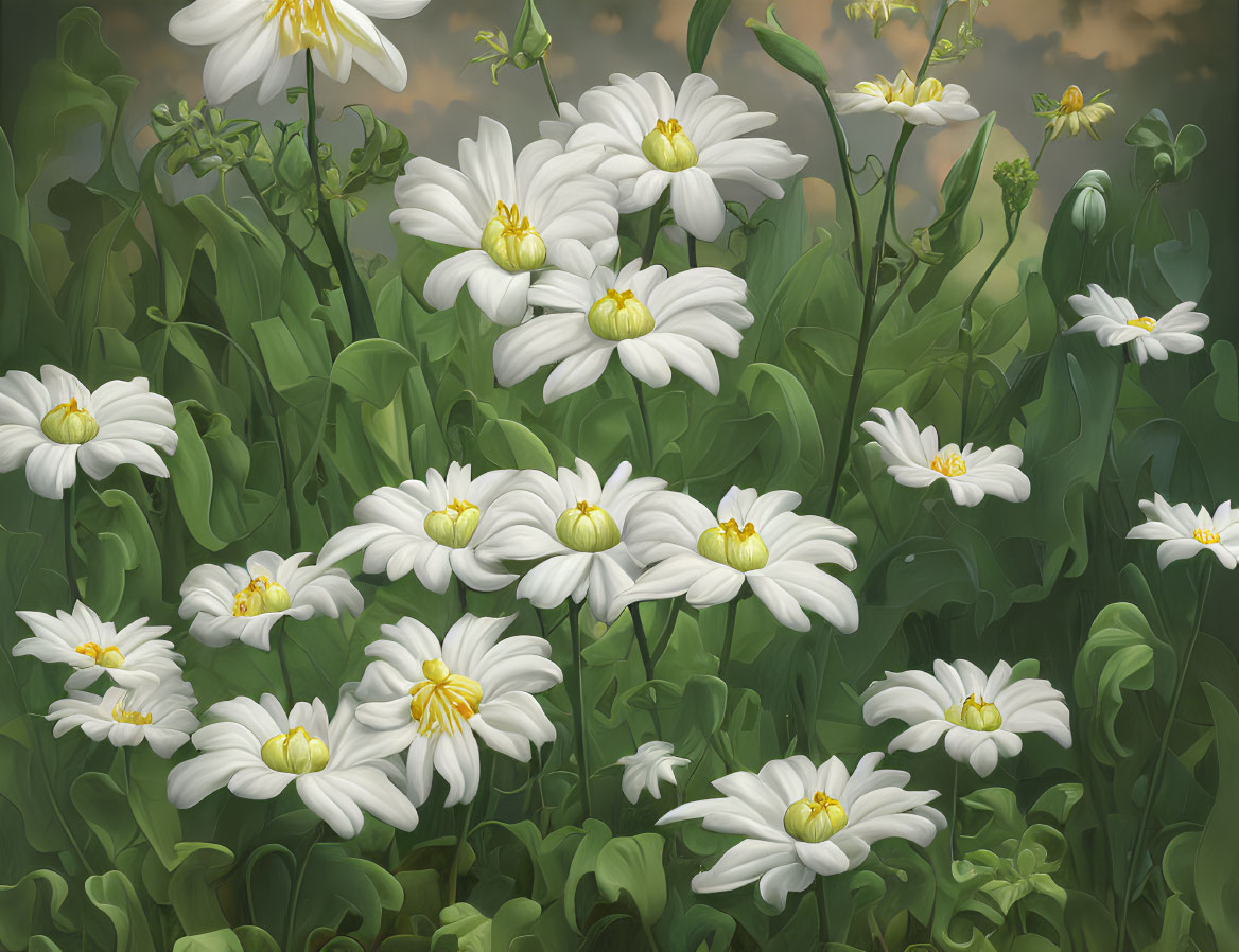 Numerous white daisies with yellow centers in lush greenery.