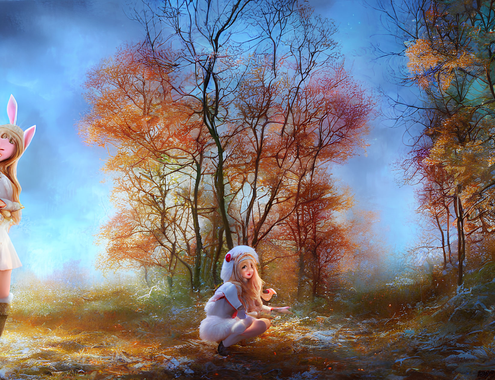 Autumn fantasy art: girl with rabbit ears beside large rabbit creature