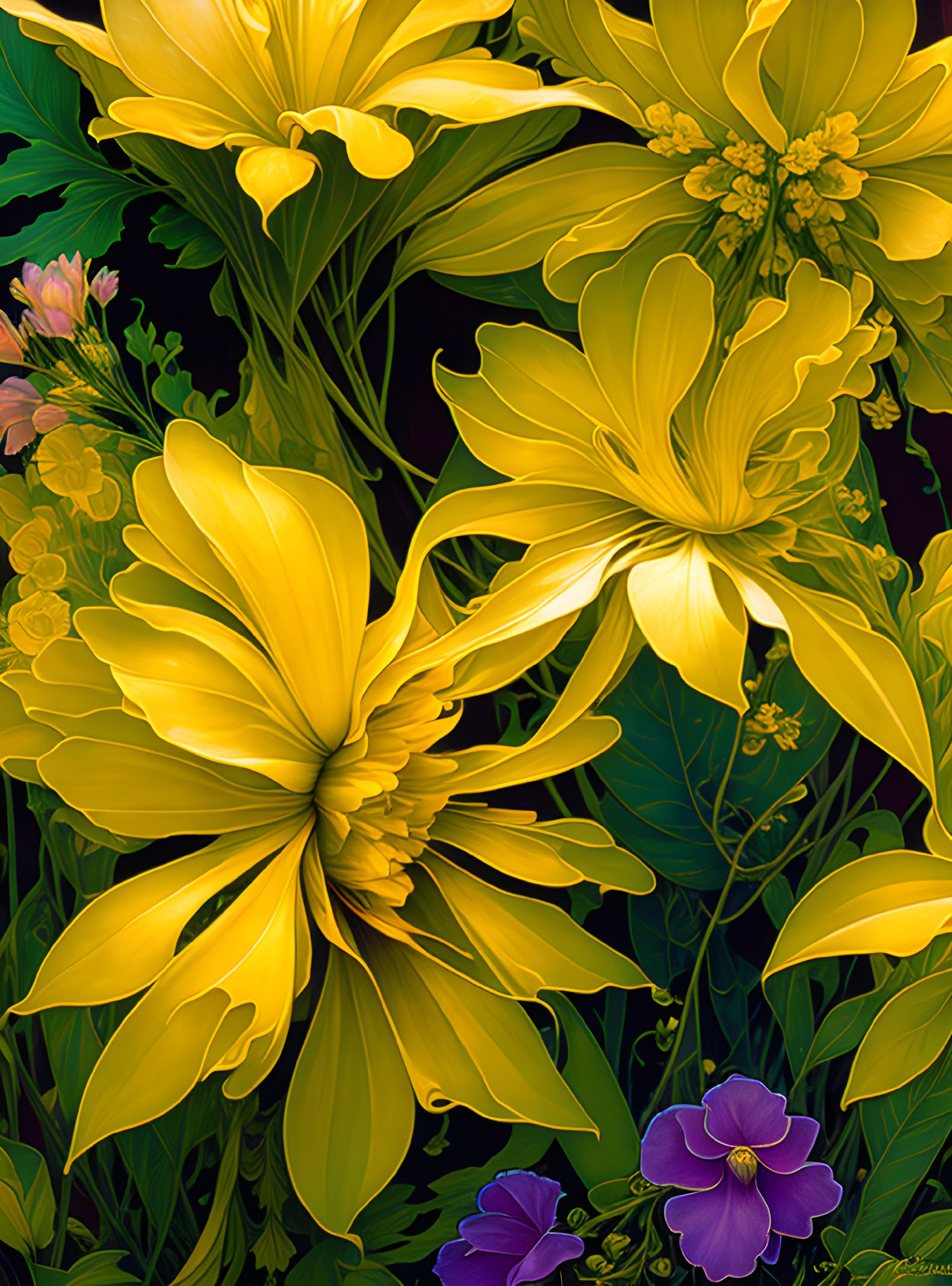 Colorful digital artwork: yellow and purple flowers with green leaves on dark background