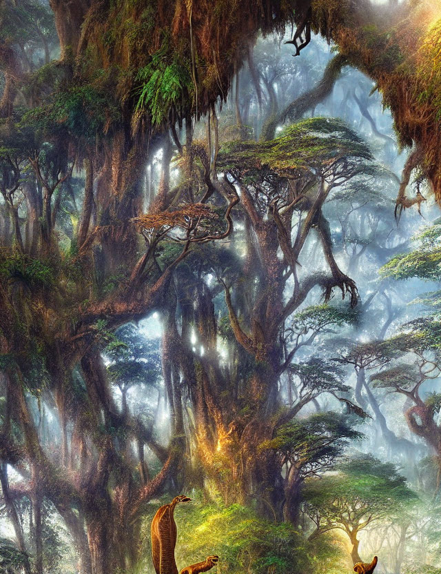 Mystical forest with twisted trees and hanging moss in misty light