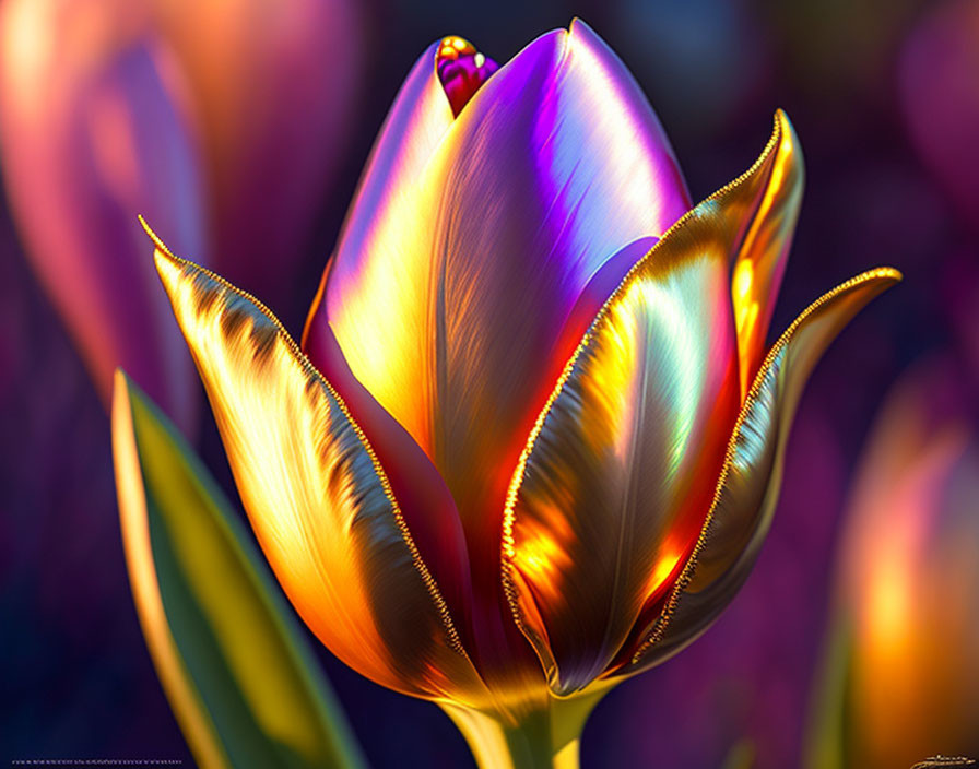 Colorful digital tulip art with golden-edged purple petals on a blurred background