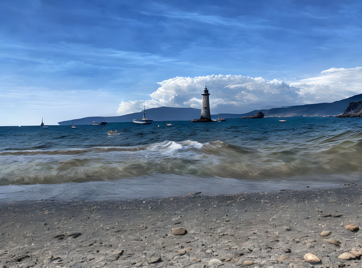 Coastal landscape with lighthouse, sailboats, and mountains