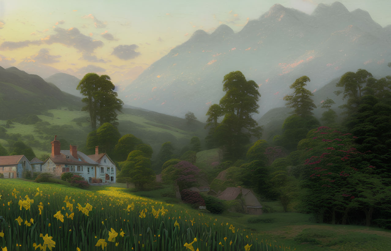 Tranquil landscape: green hills, village, flowers, mountains at sunrise or sunset