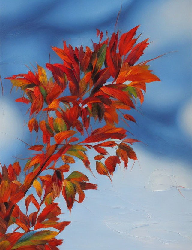 Vivid red and orange autumn leaves against a soft blue sky