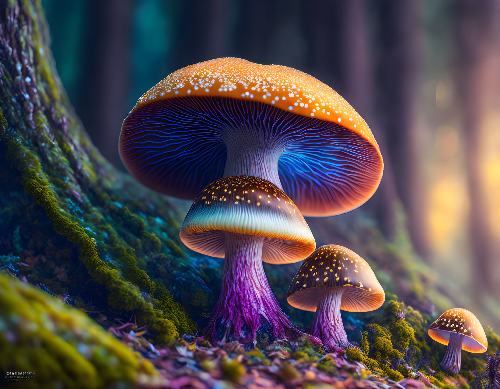 Colorful orange mushrooms with white speckles and blue gills on forest floor.