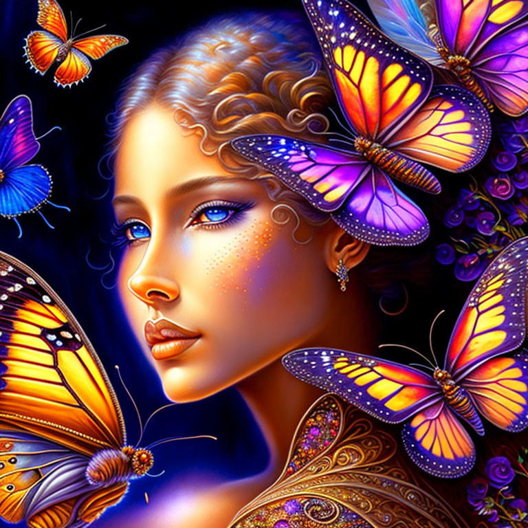 Colorful Digital Art: Woman with Intricate Butterfly Patterns