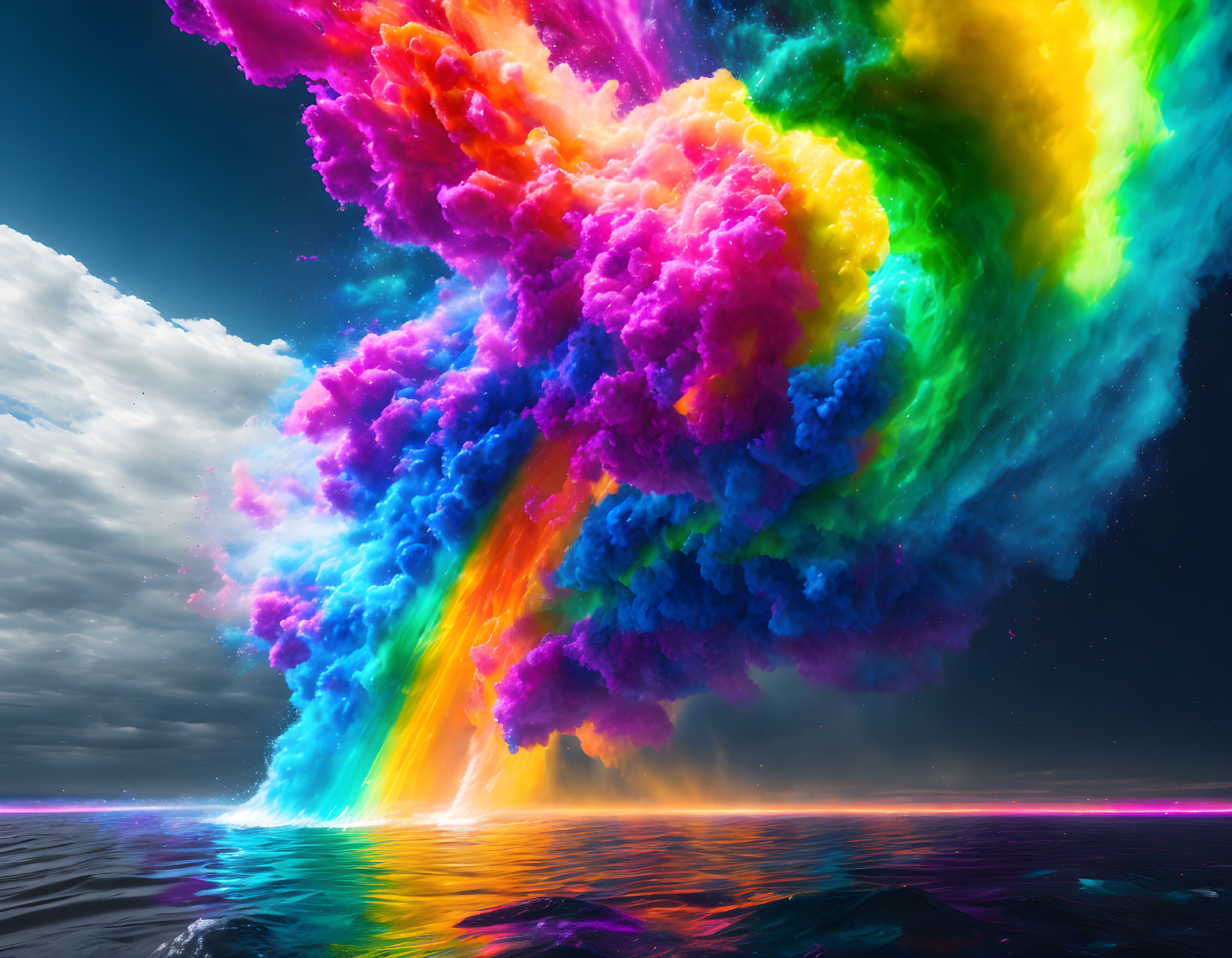 Neon-colored clouds over surreal ocean with rainbow.