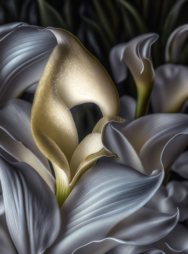 White and Gold Calla Lily on Dark Leafy Background