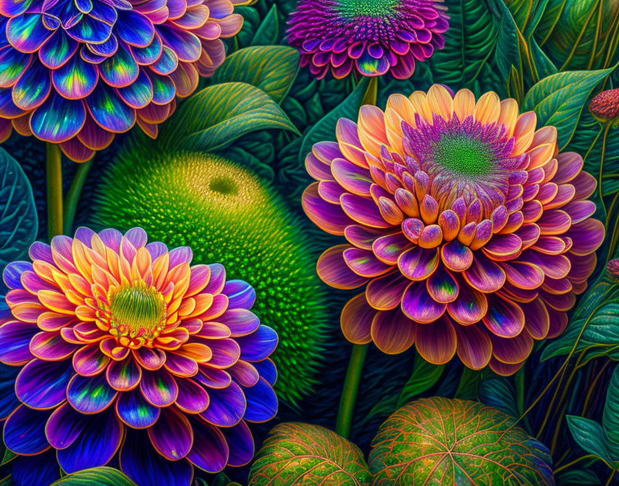 Detailed Illustration of Vibrant Blooming Flowers in Purple, Blue, and Green