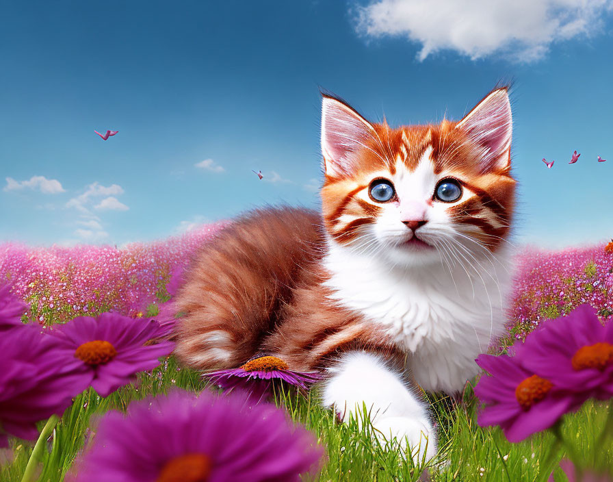 Orange and White Kitten with Blue Eyes in Purple Flower Field