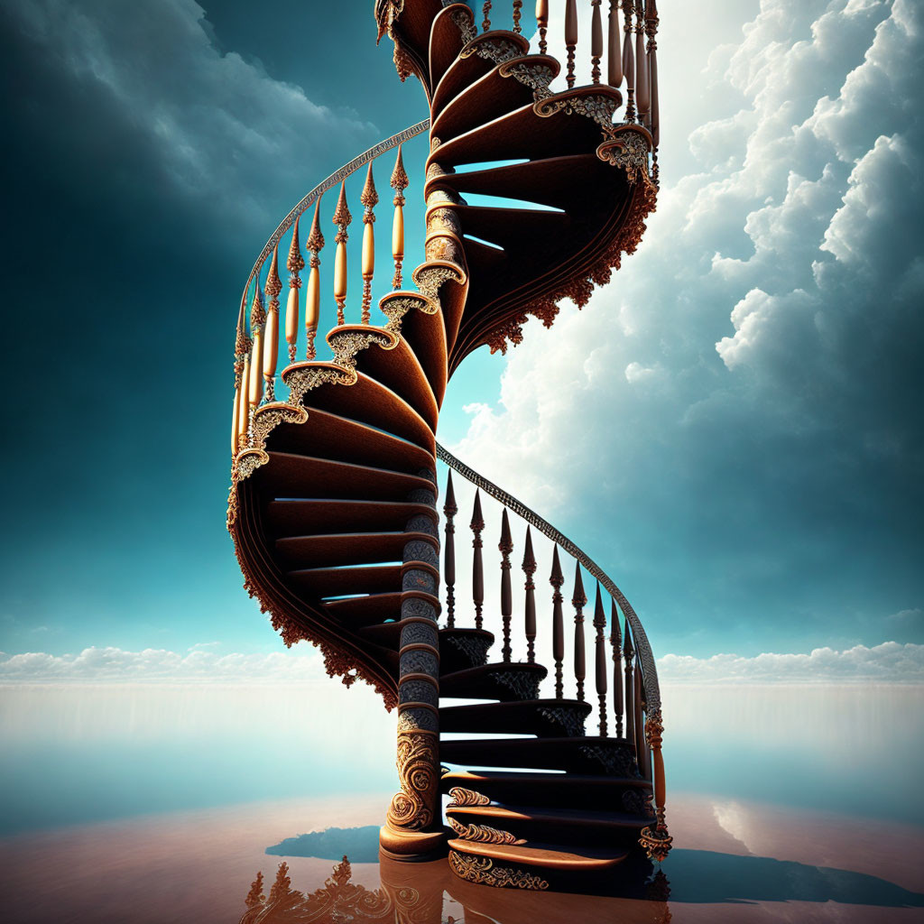 Spiral staircase reflecting on water under blue sky