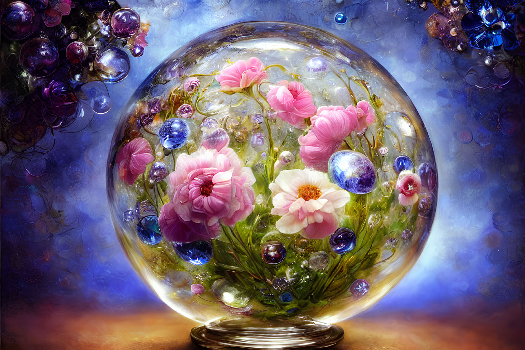 Colorful flowers and bubbles in glass sphere against blue backdrop