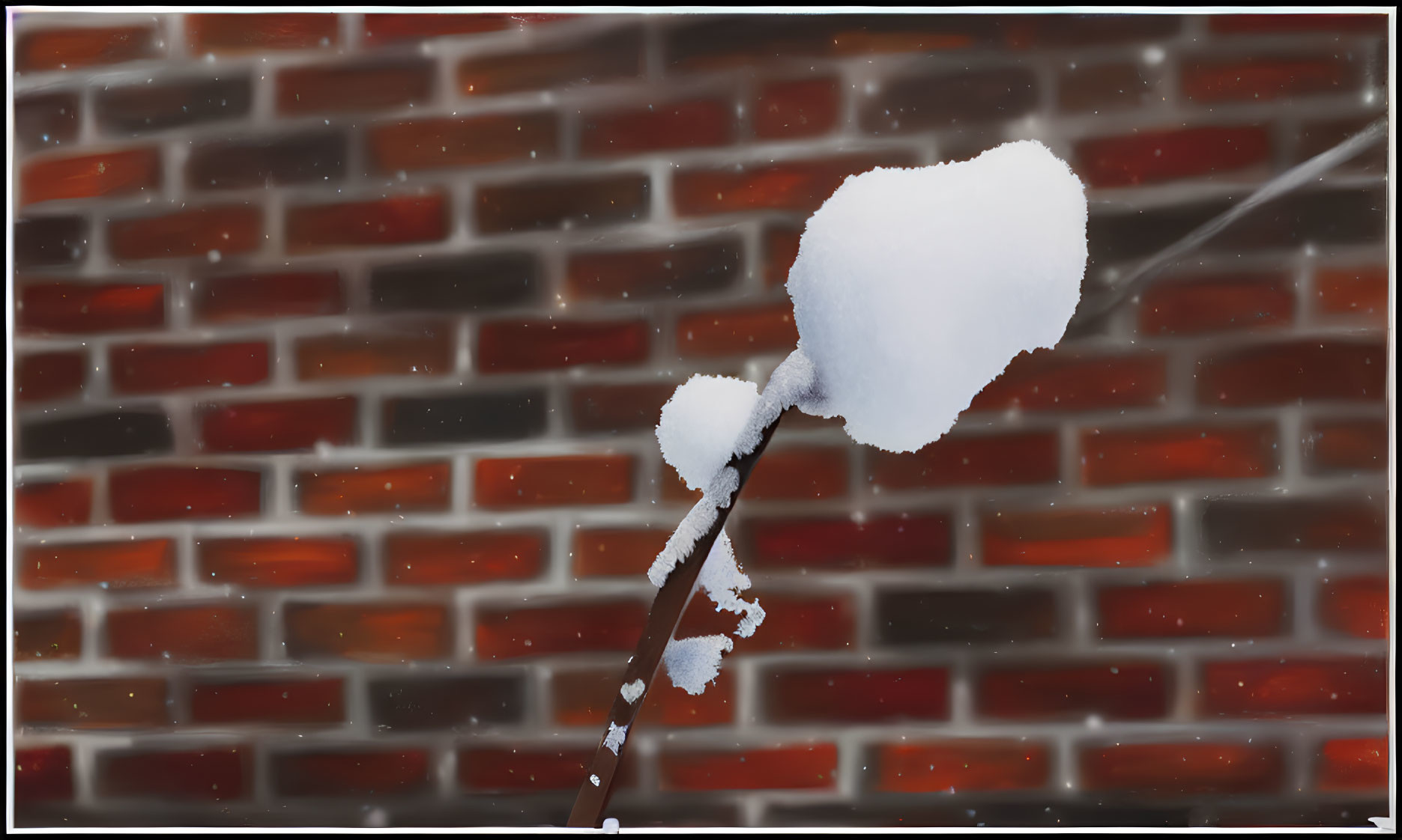 Snow-covered satellite dish against red brick wall with falling snowflakes